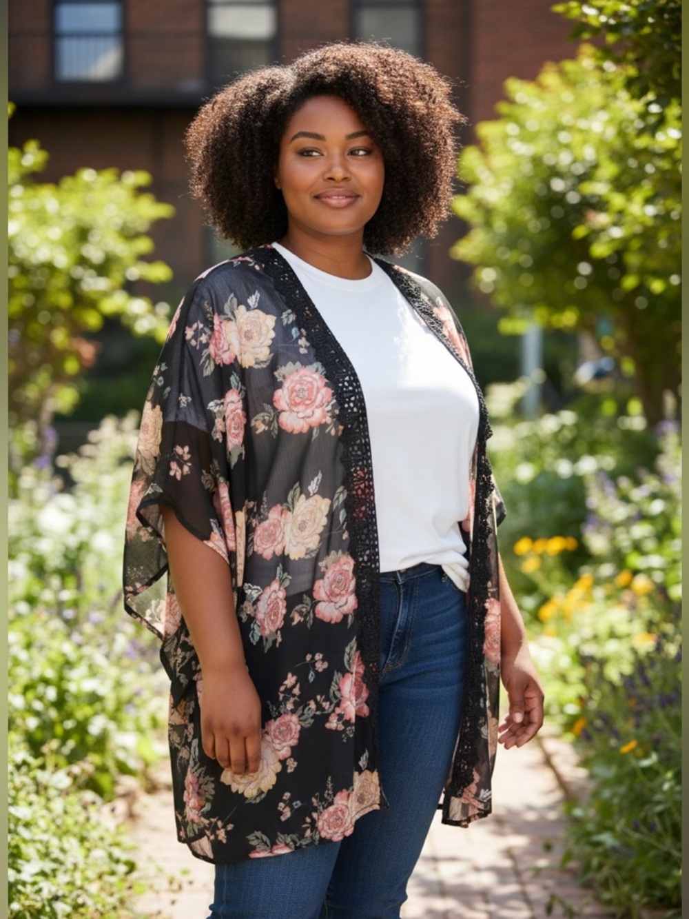 Rewind Black Floral Sheer Kimono with Pink & Cream Blooms